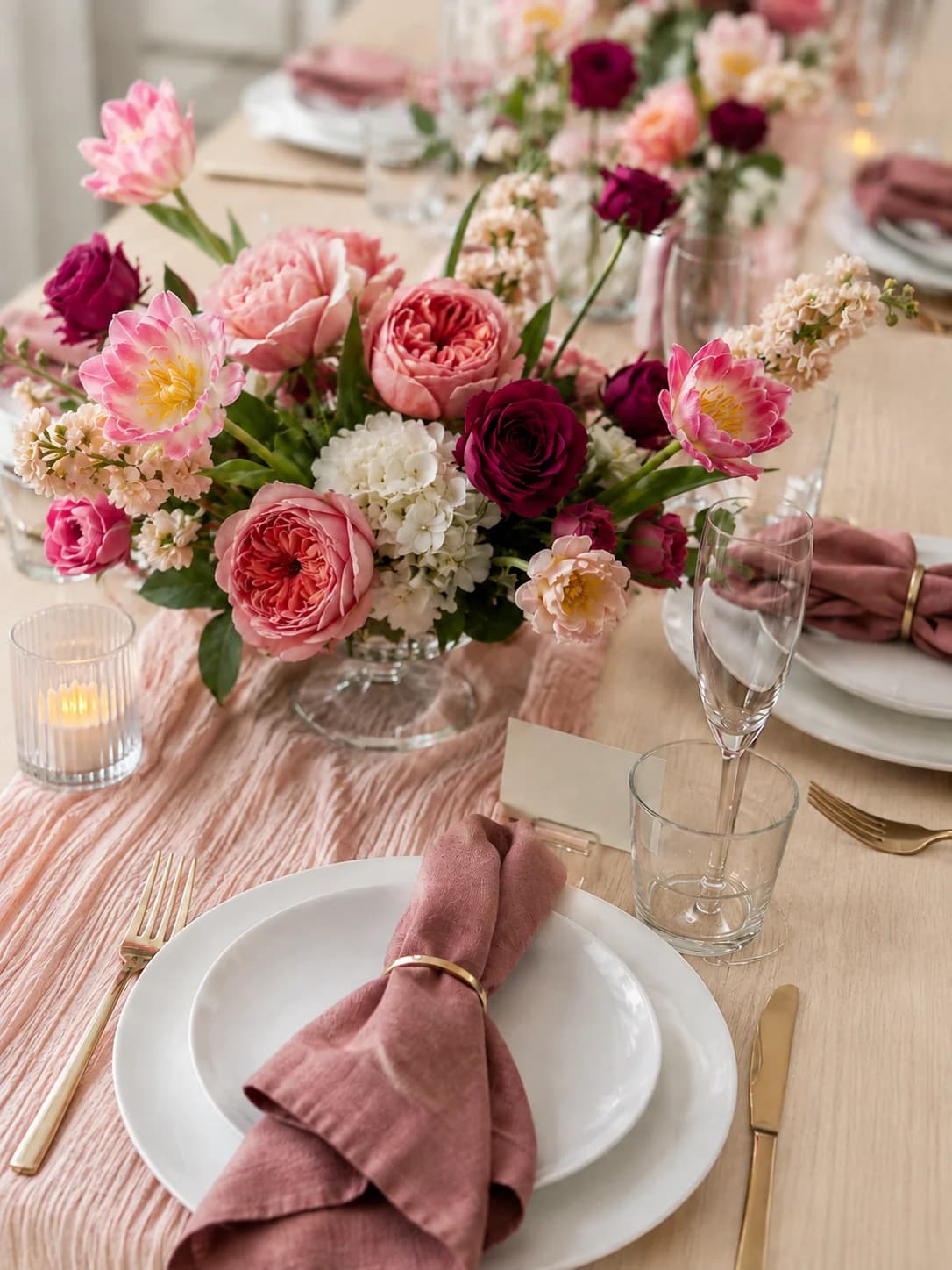Place setting with a dusty rose napkin, gold flatware and a pink peony centerpiece
