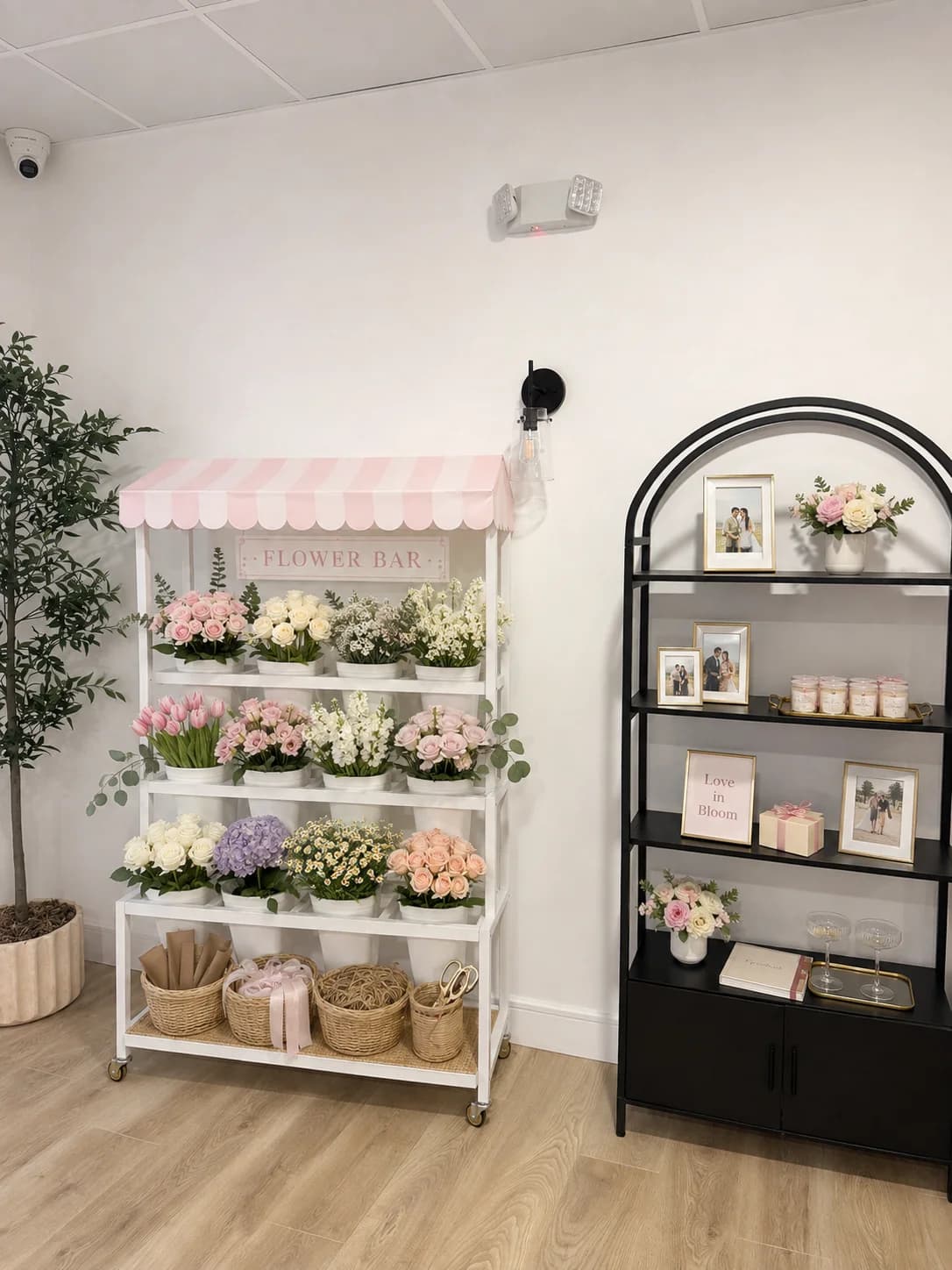 Flower bar cart with a striped awning stocked with roses, tulips and hydrangeas
